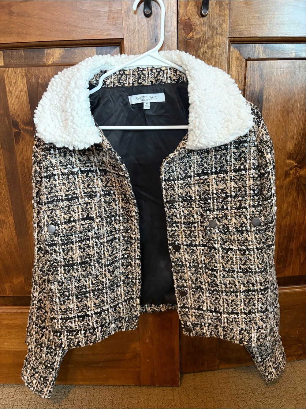 Sweet Rain Black & Cream Tweed Jacket with Sherpa Collar